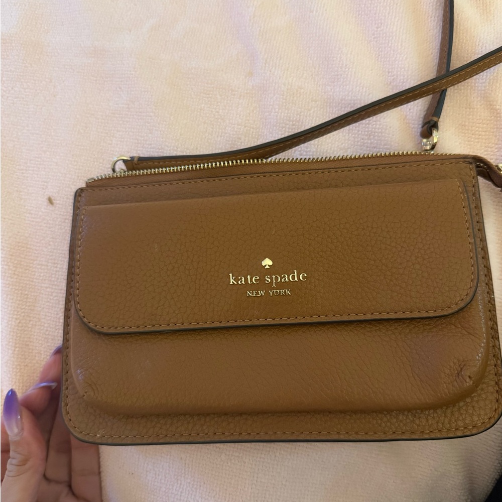 kate spade tan pebbled leather crossbody with gold logo